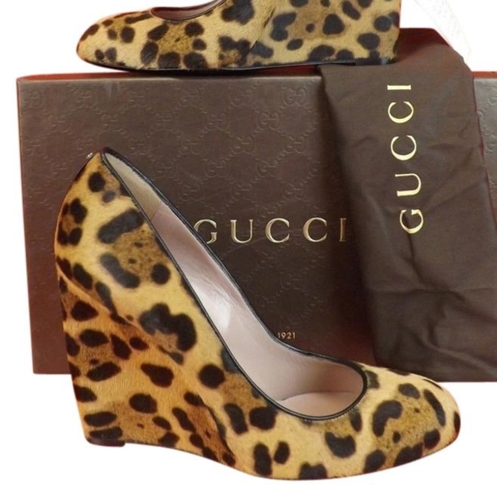 Gucci Natural Leopard Print Pony Hair Wedge Pumps